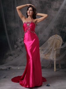 Hot Pink Sweetheart Prom Dress Satin Beading and Ruch Brush Train