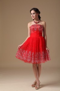 Custom Made Red Short Prom Dress Strapless Taffeta And Organza Embroidery Knee-length