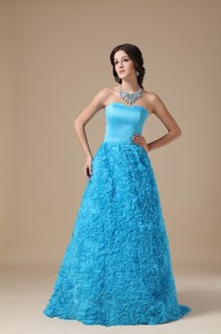 Teal Strapless Floor-length Fabric With Rolling Flower Prom Dress
