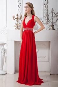 Red V-neck Crossed Back Chiffon Prom / Homecoming Dress with Beading