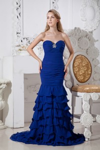 Beautiful Royal Blue Mermaid Ruffled Prom Dress Sweetheart Brush Train Chiffon Beading