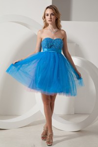 Blue Sweetheart Beading Short Prom Dress Mini-length Taffeta And Tulle
