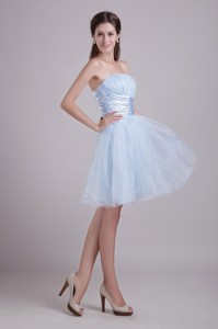 Baby Blue Strapless Short Organza Beading And Ruch Cocktail Dress