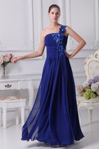 Royal Blue One Shoulder Appliques Beaded Ruched Prom Dress