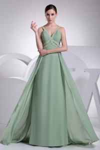 Modest Green Beaded V-neck Floor-length Empire Prom Dress