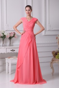 Watermelon Red Ruching V-neck Cap Sleeves Long Prom Dress