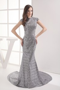 Mermaid Cap Sleeves Scoop Gray Sequin Prom Dress