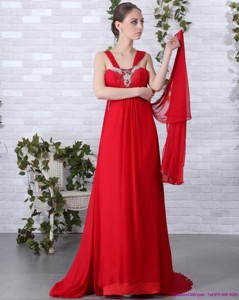 Beautiful Empire Red Prom Dress With Brush Train And Beading