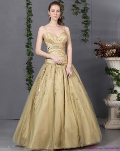 Luxurious Spaghetti Straps Champagne Prom Dress With Ruching And Beading
