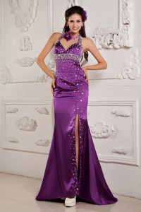 Elegant Eggplant Purple Evening Dress Mermaid Halter Satin Beading Brush Train