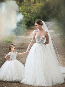 Feminine See Through Long Sleeves Wedding Dress With Appliques And Lovely Big Puffy Flower Girl Dr