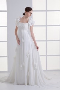 Beautiful Empire Square Court Train Wedding Dress with Flowers 