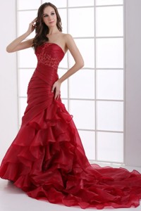 Wine Red Court Train Wedding Dress with Appliques and Ruffles 