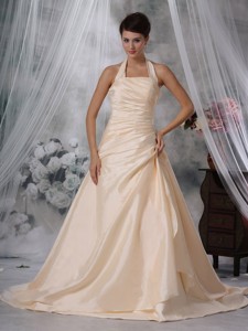 Champagne Princess Halter Court Train Taffeta Ruched Wedding Dress