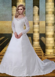 Lace A Line V Neck Long Sleeves Lace Wedding Dress With Court Train