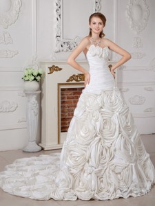 Beautiful A-line Sweetheart Court Train Fabric With Roling Flowers Ruch Wedding Dress