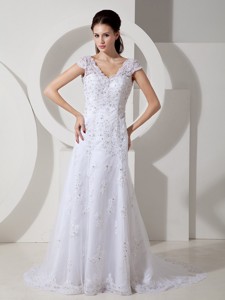 Modest Column V-neck Court Train Lace Beading Wedding Dress 