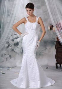 Luxurious Trumpet / Mermaid Straps Court Train Satin Lace Appliques Wedding Dress 