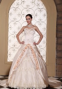 One Shoulder Champagne Ball Gown Wedding Dress Hand Made Flowers And Embroidery On Satin