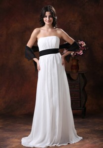 Custom Made White Chiffon Brush Train Wedding Dress With Black Belt Decorate In Safford Arizona 