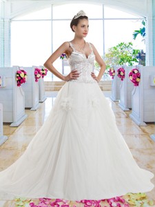 Luxurious Straps Beaded Hand Made Flowers Bridal Gown 