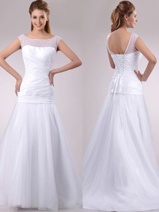 Wonderful Column Cap Sleeves Beaded and Ruched Wedding Dress in Tulle 