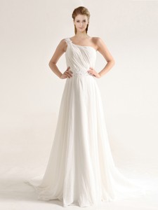 Elegant One Shoulder Court Train Wedding Dress With Beading And Ruching