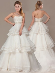 Lovely Brush Train Wedding Dress With Beading And Ruffles Layers
