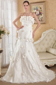 White Strapless Court Train Lace And Taffeta Hand Made Flowers Wedding Dress