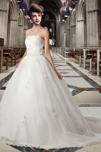 Romantic Princess Strapless Chapel Train Wedding Dress with Beading 