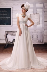 V-neck White Wedding Dress With Beading And Ruches