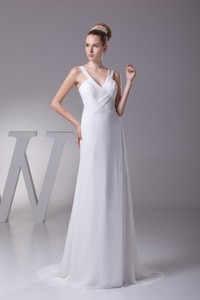 Wide Straps V-neck Brush Train Wedding Dress With Ruching And Beading