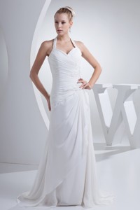 Ruching Beading and Appliques Halter Top Sheath Wedding Gown 