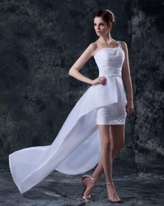 Affordable Column One Shoulder High Low Wedding Dress With Appliques