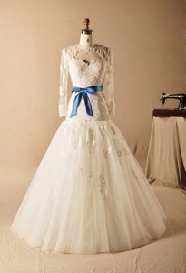 Custom Made A Line High Neck Appliques Wedding Dress With Ribbons