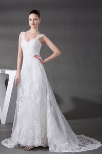 Straps Lace Court Train Wedding Dress