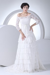 Lace Column Off The Shoulder Court Train Wedding Dress 