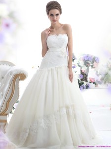 Ruffled White Strapless Wedding Dress With Sash And Bownot