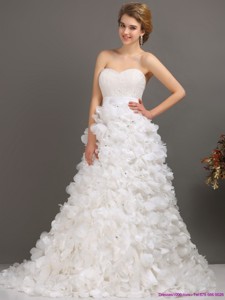 White Sweep Train Ruffled Wedding Dress With Beading