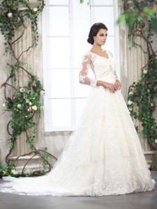 White V Neck Lace Wedding Dress With Brush Train And Beading