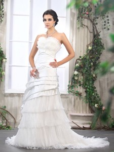 Unique Ruffled Layers White Wedding Dress With Brush Train