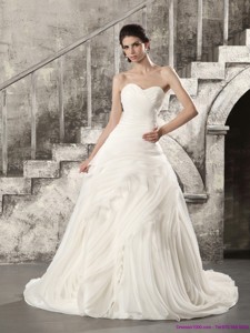 White Sweetheart Ruching Wedding Dress With Brush Train
