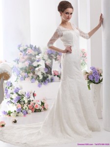 White V Neck Lace Wedding Dress With Brush Train And Half Sleeves