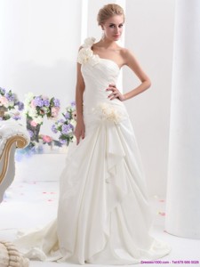 Simple One Shoulder Wedding Dress With Hand Made Flowers