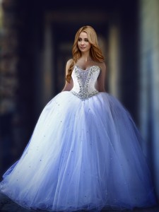 Lovely Big Puffy Beaded Tulle Wedding Dress with Brush Train 
