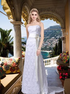 Luxurious Column Strapless Lace Wedding Dress with Sweep Train 