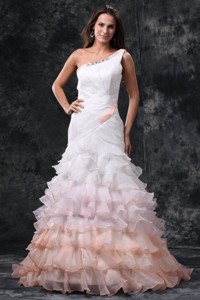 Elegant One Shoulder Ruffles Brush Train Organza Wedding Dress
