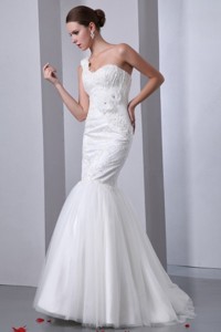 Mermaid One Shoulder Appliques Brush Train Lace Up Tulle Wedding Dress 