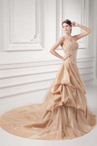 Champagne Strapless Court Train Wedding Dress with Embroidery and Pick-ups 