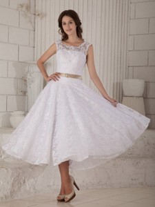 Elegant Princess Scoop Tea-length Lace Belt Wedding Dress